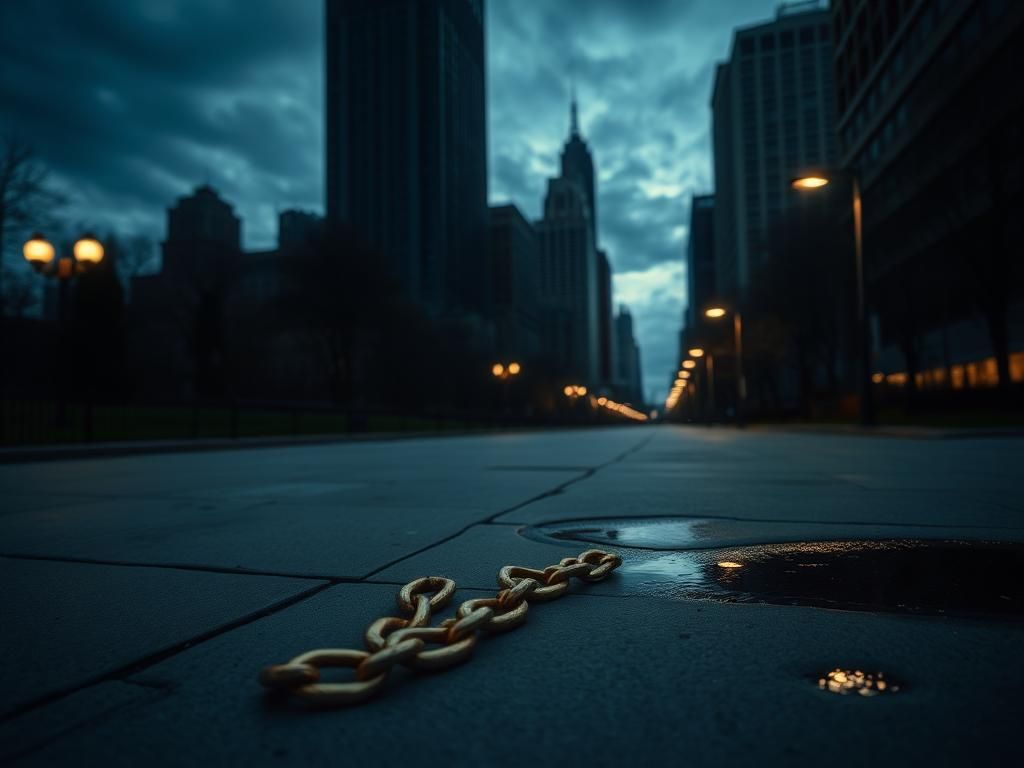 Flick International A weathered gold chain on the ground in Grant Park at dusk, symbolizing urban crime.
