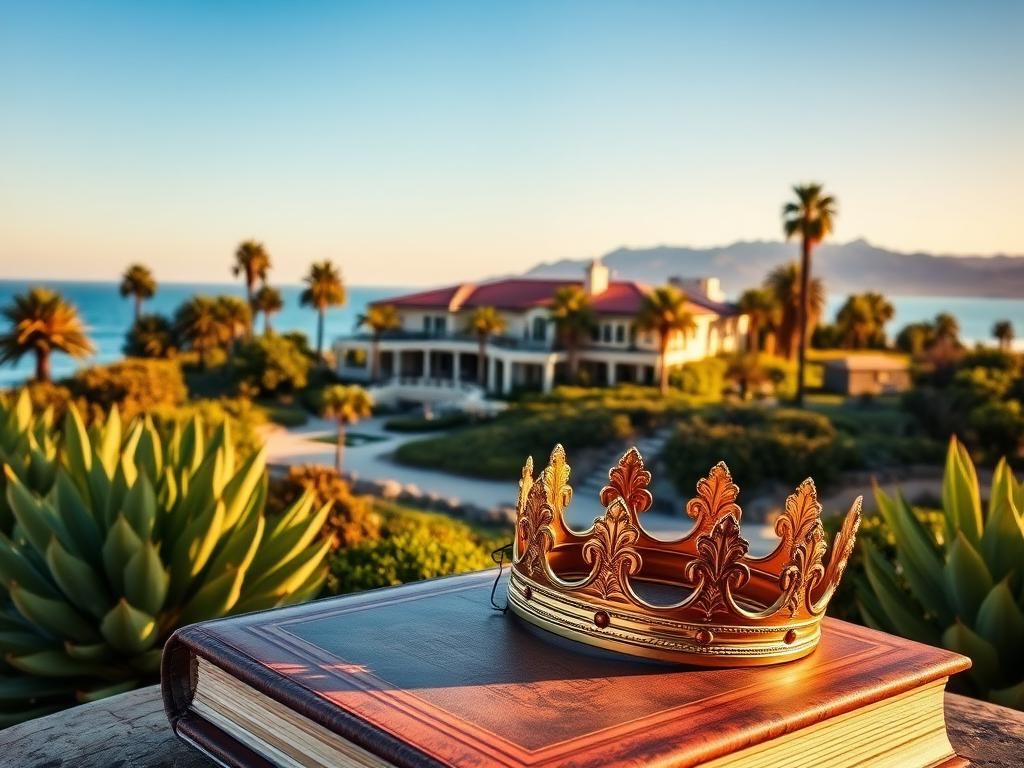 Flick International A luxurious modern mansion in Montecito, California, surrounded by vibrant greenery and a gilded crown on a family photo album.