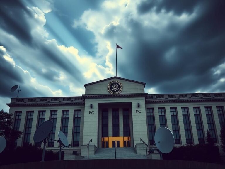 Flick International Exterior of the Federal Communications Commission building with antennas and satellite dishes