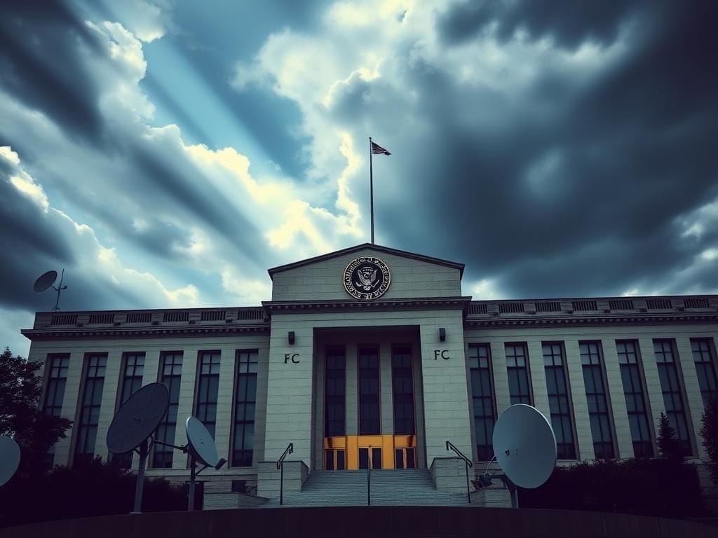 Flick International Exterior of the Federal Communications Commission building with antennas and satellite dishes