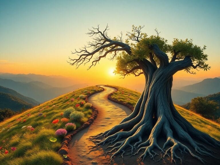 Flick International A metaphorical landscape representing political progress with a winding path towards a sunrise