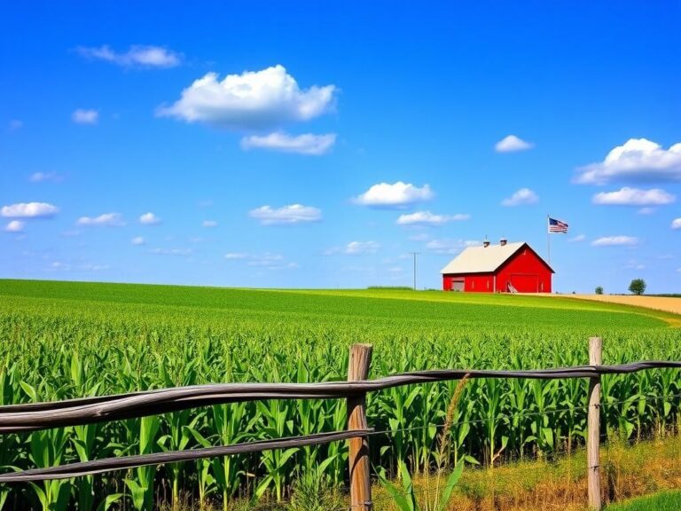 Flick International Serene cornfield in Iowa with a classic red barn and American flag