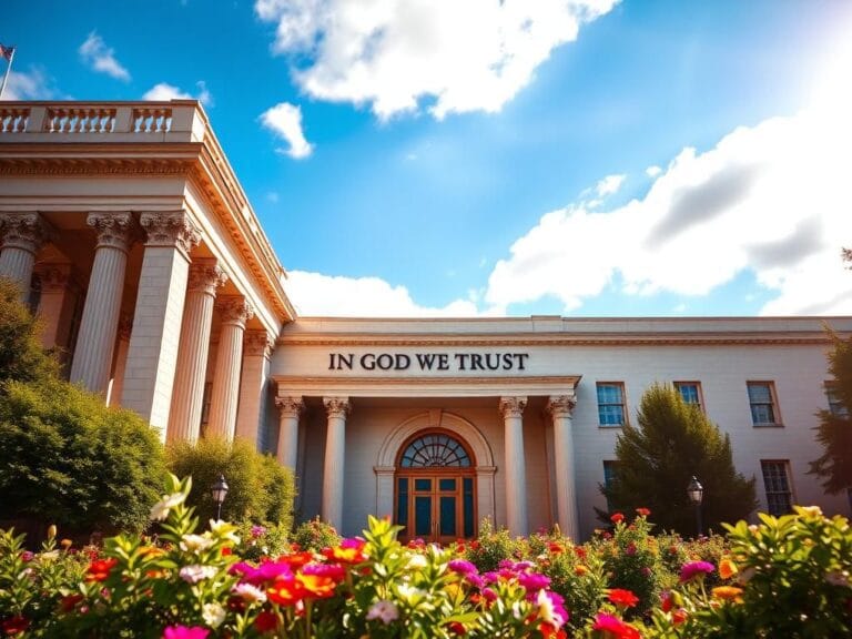 Flick International Grand federal building exterior showcasing the national motto 'In God We Trust' engraved above the entrance.