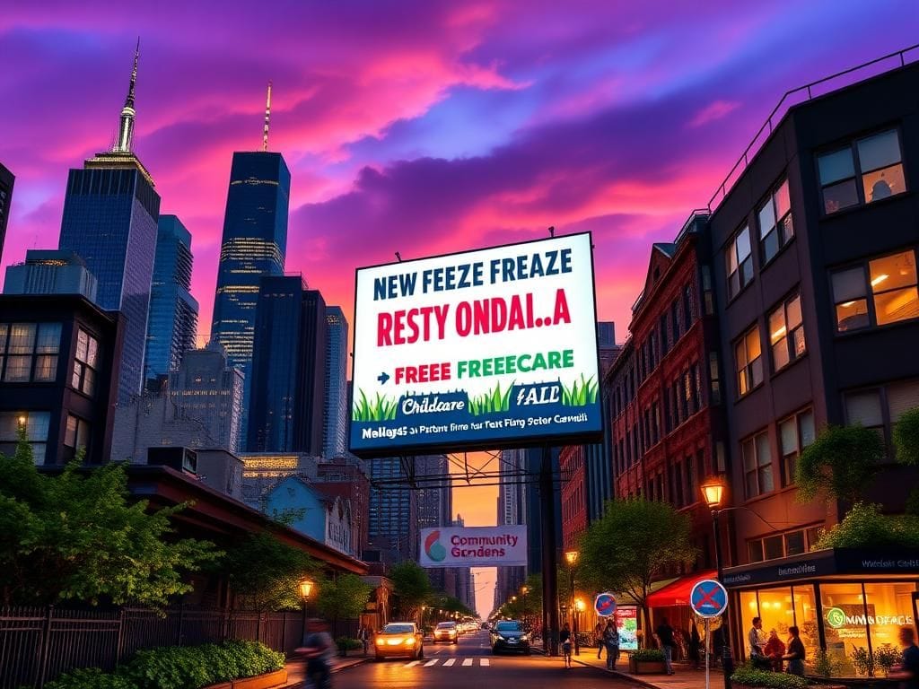 Flick International Vibrant New York City skyline at dusk with campaign billboards
