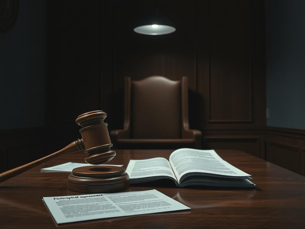 Flick International Dimly lit courtroom with a wooden gavel symbolizing justice
