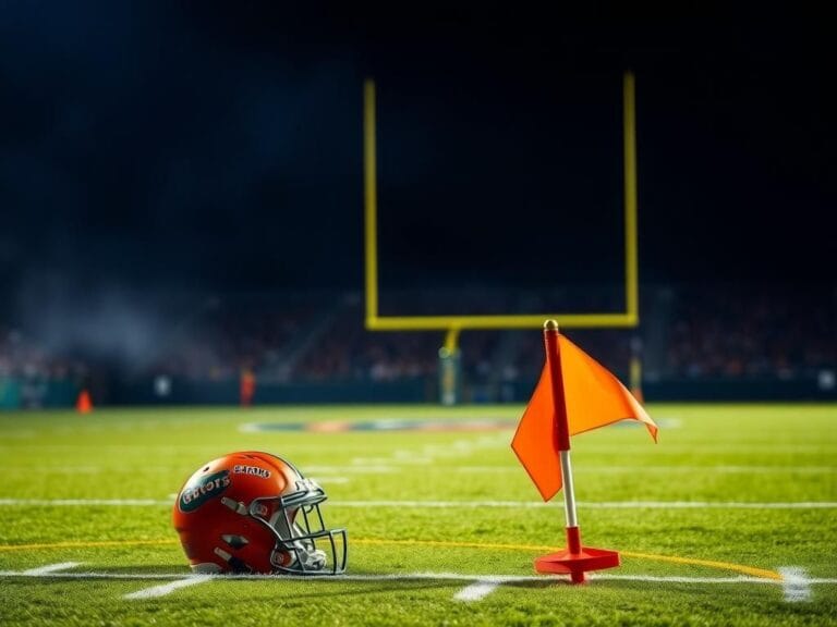 Flick International Close-up view of Florida Gators logo on a football field turf with a discarded helmet and penalty flag