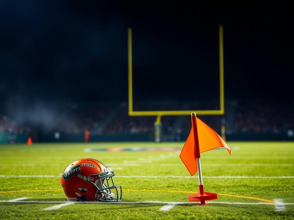 Flick International Close-up view of Florida Gators logo on a football field turf with a discarded helmet and penalty flag