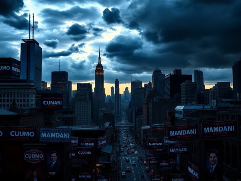 Flick International Dramatic skyline of New York City at dusk with campaign posters
