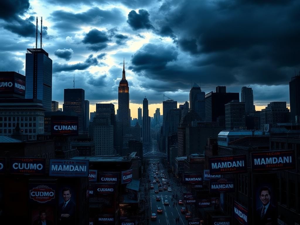 Flick International Dramatic skyline of New York City at dusk with campaign posters