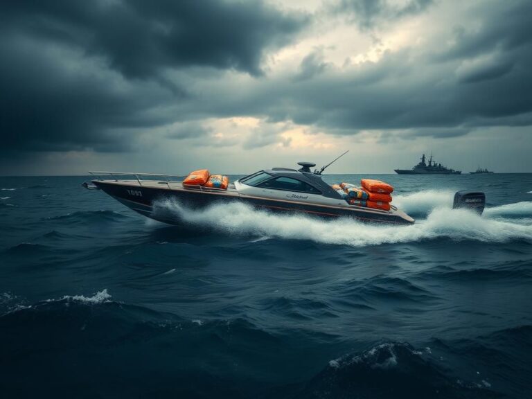 Flick International High-speed go-fast boat loaded with colorful packages representing illegal drugs navigating turbulent ocean waters