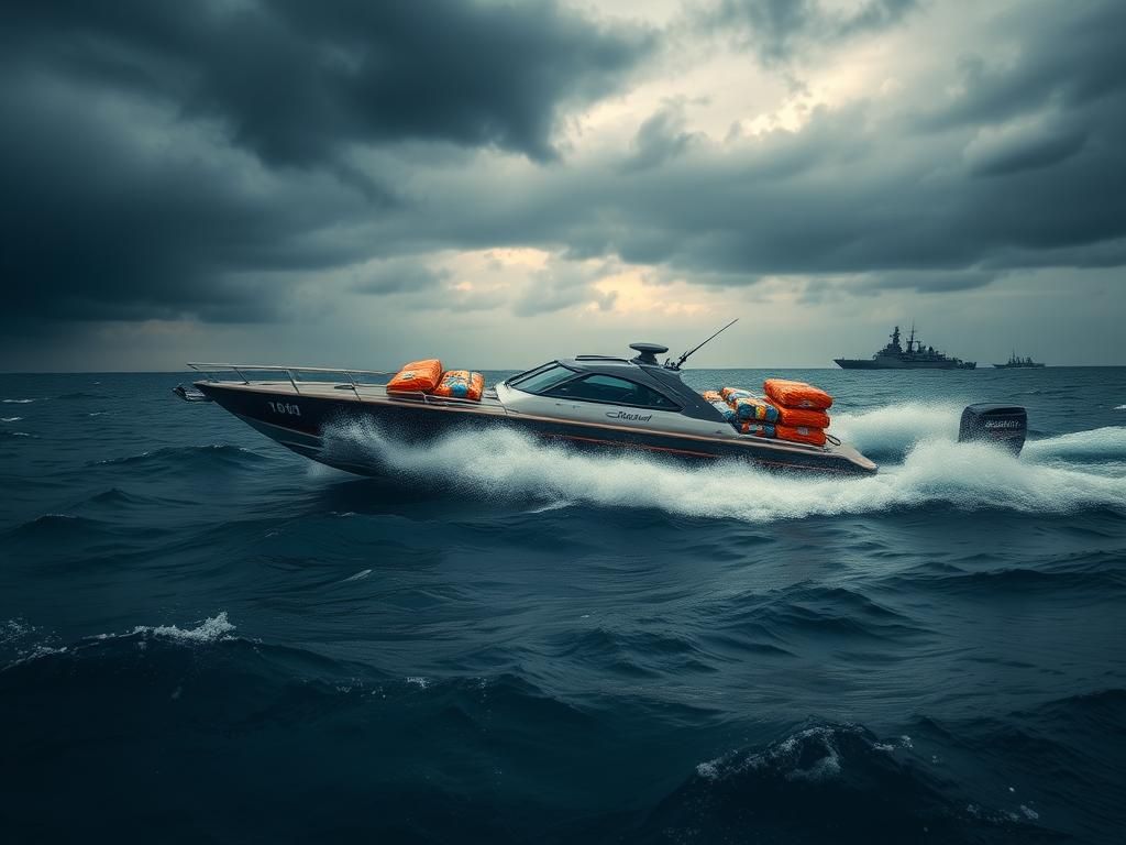 Flick International High-speed go-fast boat loaded with colorful packages representing illegal drugs navigating turbulent ocean waters