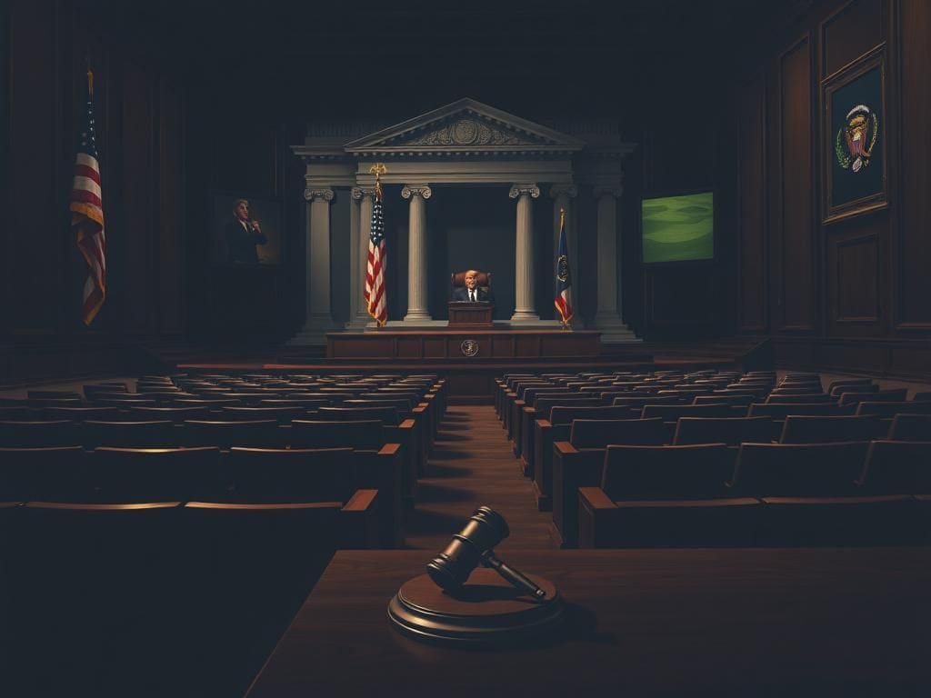 Flick International Tense courtroom scene with empty jury box highlighting jury selection process in Trump assassination trial