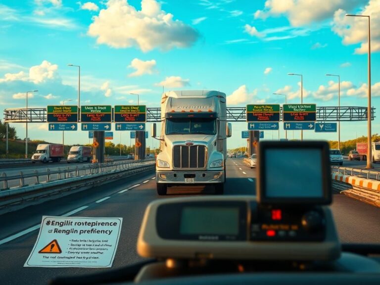 Flick International Large commercial truck at a weigh station with English road signs