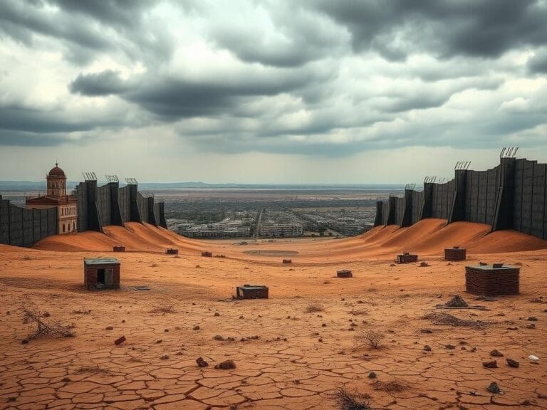 Flick International Desolate landscape of El Fasher, Sudan, with barricades symbolizing the siege