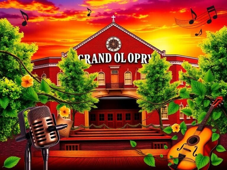 Flick International Vibrant artistic representation of the Grand Ole Opry against a golden sunset