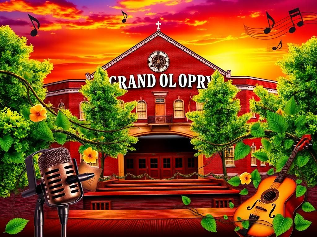 Flick International Vibrant artistic representation of the Grand Ole Opry against a golden sunset