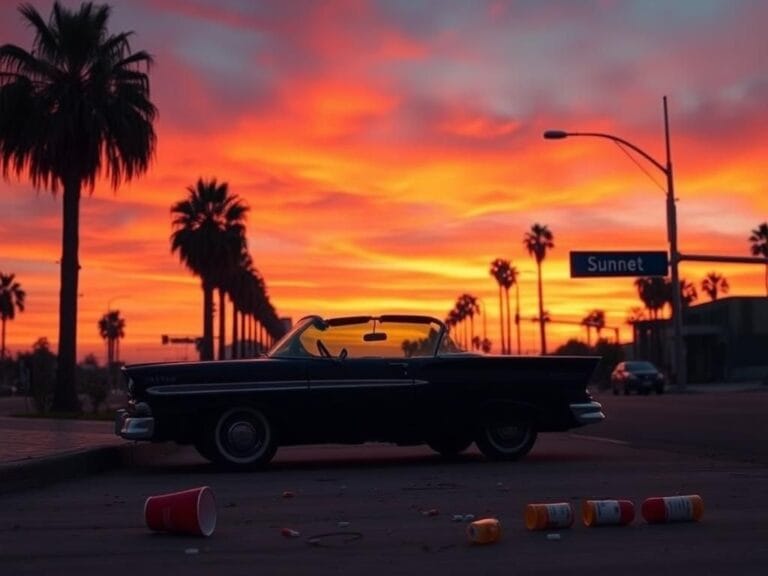Flick International Contemplative sunset over a quiet Los Angeles street with palm trees and an empty vintage convertible