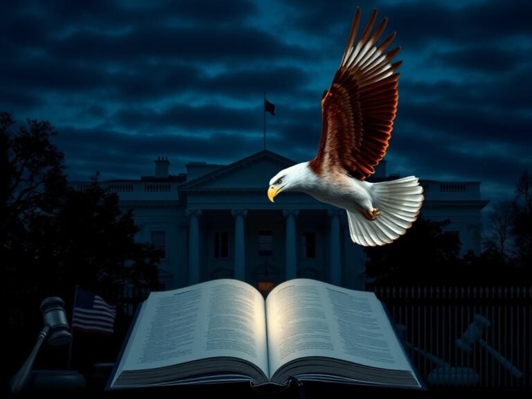 Flick International Dimly lit White House exterior at dusk with an abstract eagle representing national security