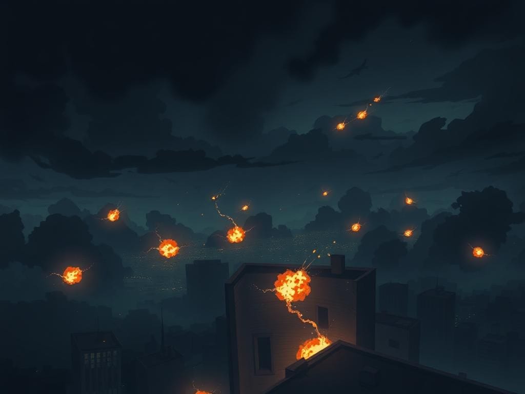 Flick International Aerial view of a cityscape at night with stylized clouds and flashes resembling explosions