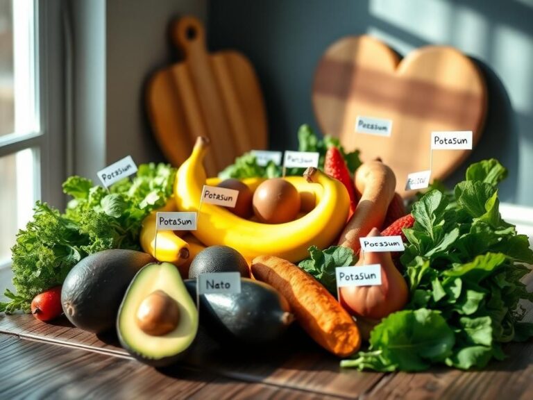 Flick International Vibrant arrangement of potassium-rich foods including bananas, avocados, sweet potatoes, and leafy greens on a rustic wooden table