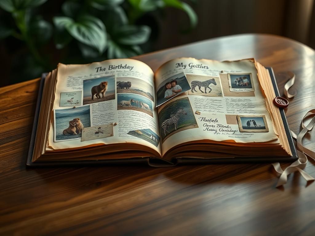 Flick International Artistic representation of a worn scrapbook with photographs and notes