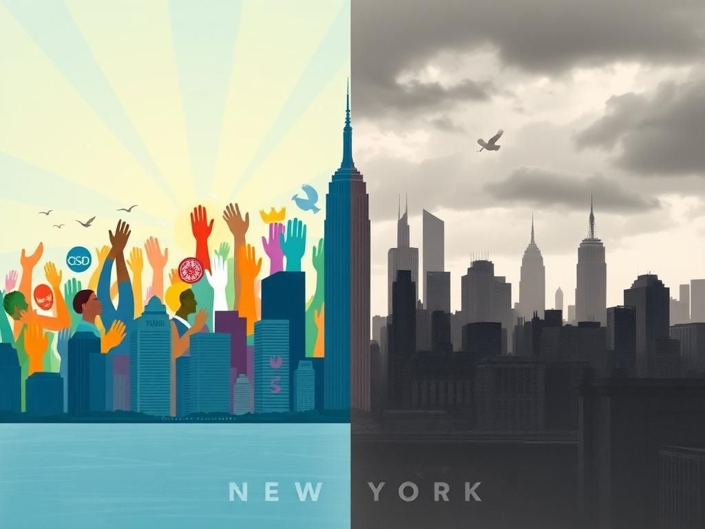 Flick International A split scene of New York City showcasing contrasting themes of hope and tension