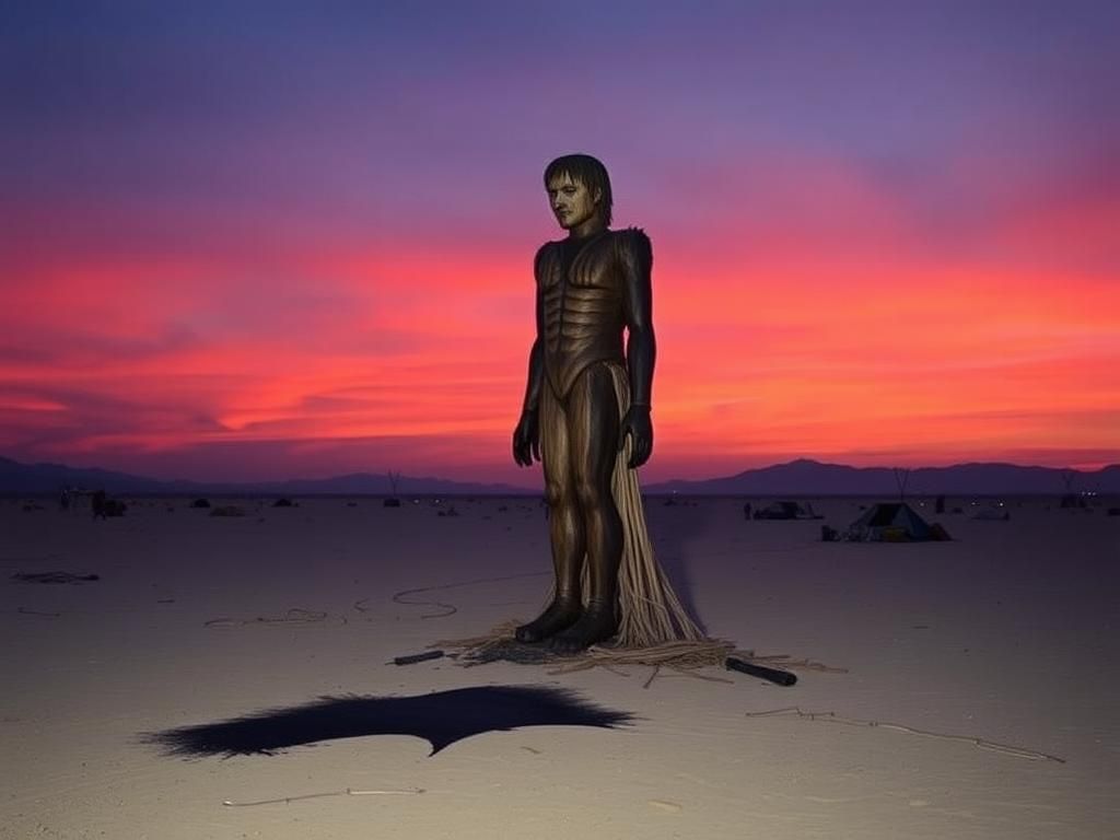 Flick International Large, intricately designed wooden effigy at Burning Man festival amidst a desert scene