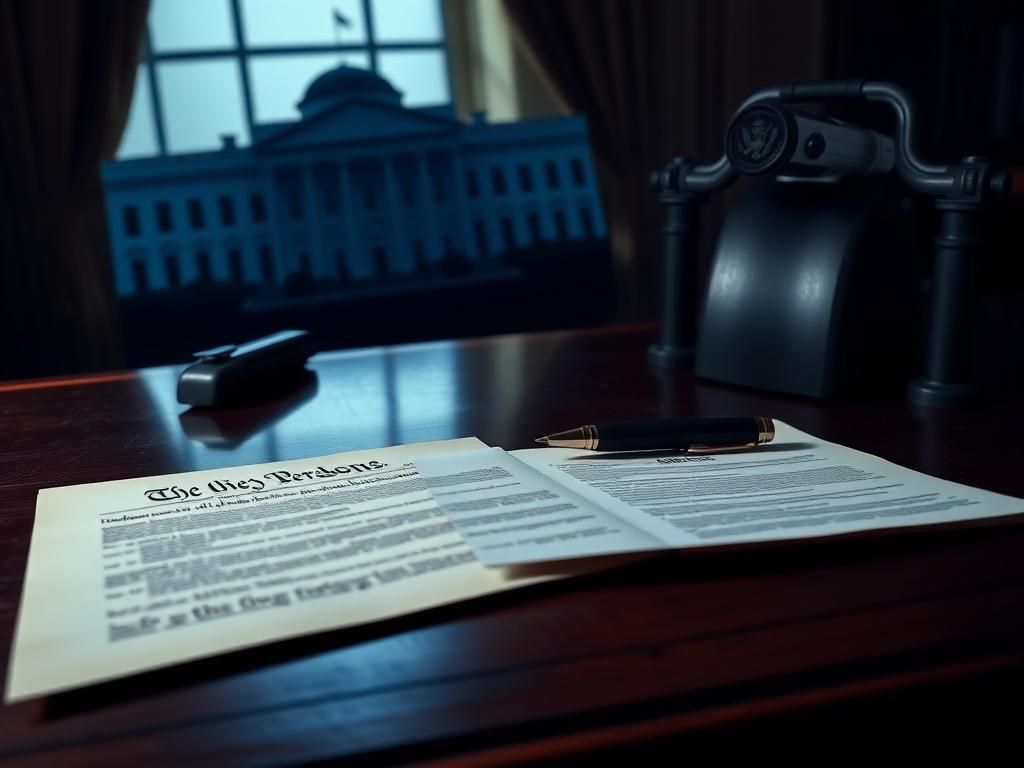 Flick International Close-up of an ornate wooden desk with an autopen machine and unsigned presidential pardon documents