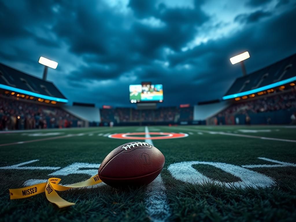 Flick International Close-up view of a football field at dusk with Chicago Bears logo on the 50-yard line