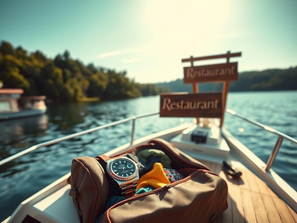 Flick International A docked boat on a serene lake featuring a designer duffel bag with luxury items including a Rolex watch