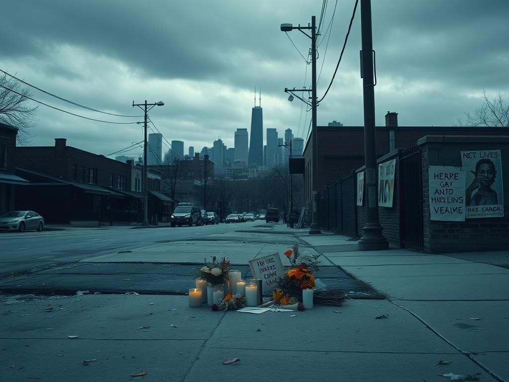 Flick International A deserted Chicago street showing signs of gun violence, with a makeshift memorial for victims