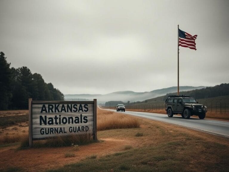 Flick International National Guard vehicle parked on a rural Arkansas road with a weathered sign