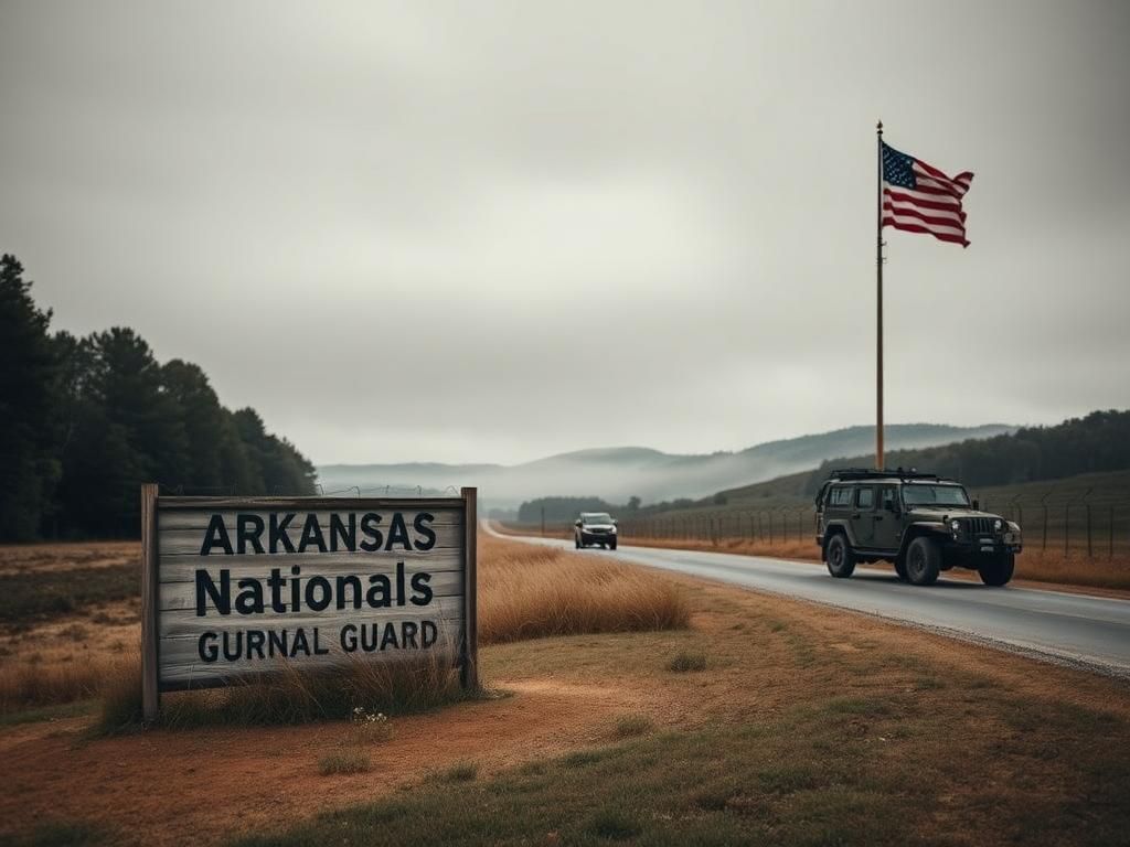 Flick International National Guard vehicle parked on a rural Arkansas road with a weathered sign