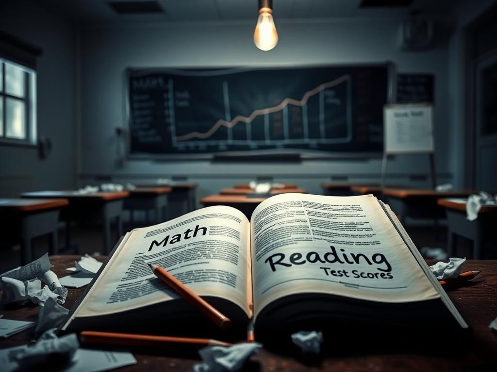 Flick International Dimly lit classroom with empty desks and scattered papers reflecting education challenges