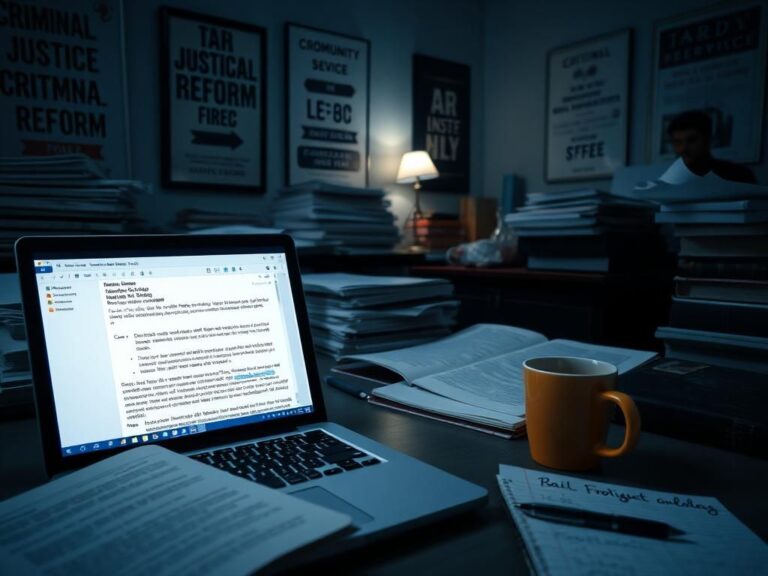 Flick International Dimly lit office with stacks of documents, a laptop displaying email threads, and a coffee cup on a desk