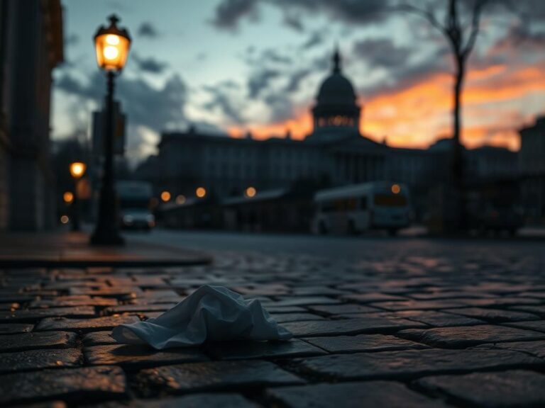 Flick International Dimly lit urban street scene in Washington, D.C., showing aftermath of violence with crumpled cloth and flickering lamppost