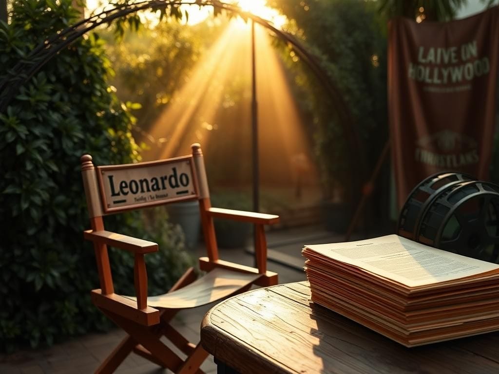 Flick International A serene vintage Hollywood film set with an empty director's chair labeled 'Leonardo' and an old film reel.
