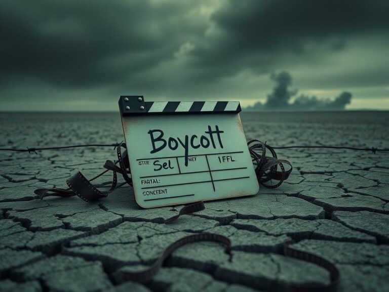 Flick International Film clapperboard with the word 'Boycott' on cracked earth symbolizing conflict
