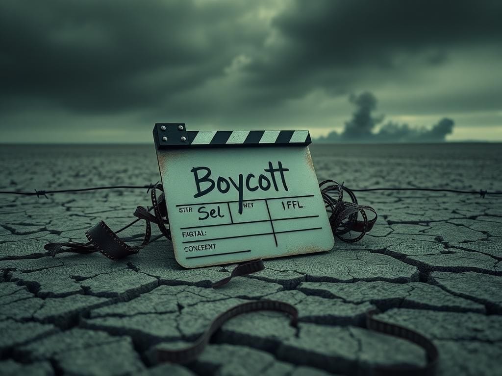 Flick International Film clapperboard with the word 'Boycott' on cracked earth symbolizing conflict
