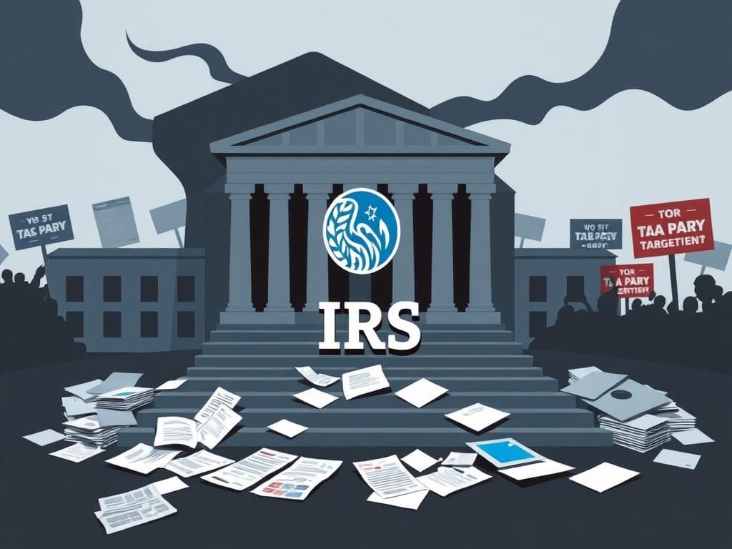 Flick International A somber depiction of the IRS building surrounded by scattered tax forms and protest signs