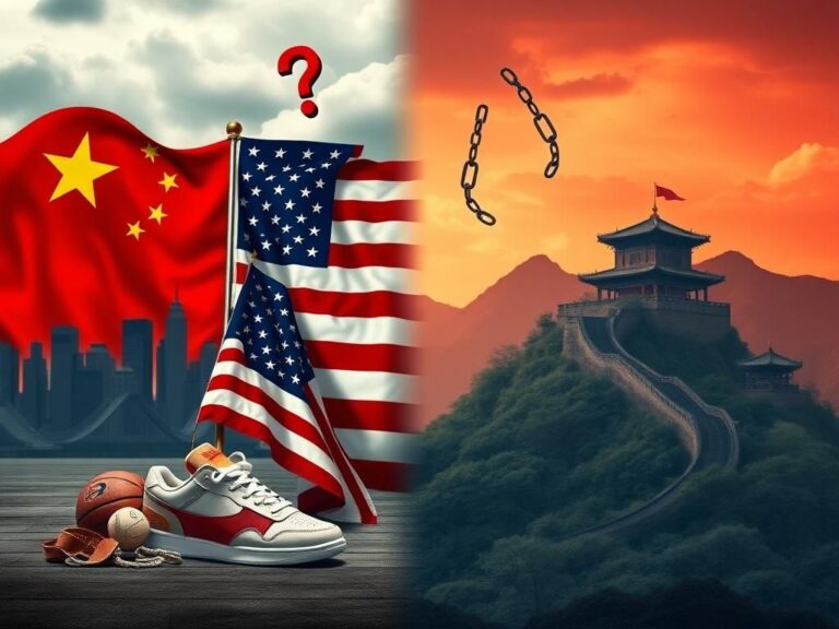 Flick International Split landscape symbolizing cultural contrast between the United States and China, featuring basketball elements and the Great Wall.