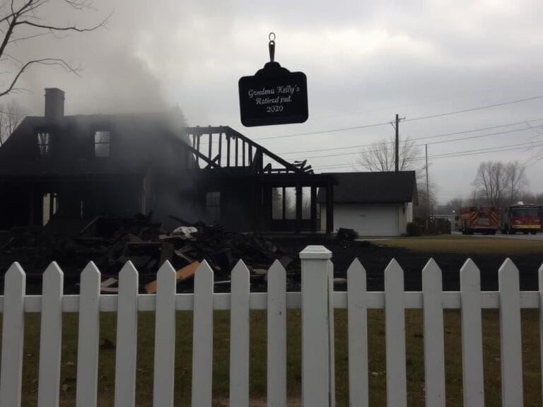 Flick International A charred residential scene with a burnt house and remnants of a white picket fence