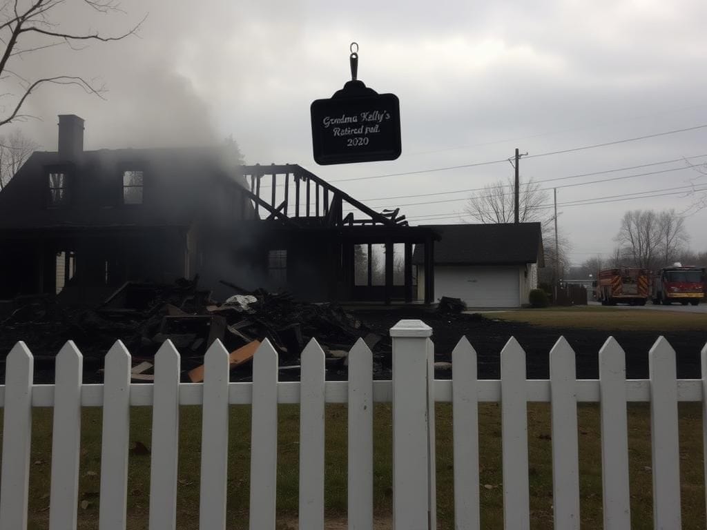 Flick International A charred residential scene with a burnt house and remnants of a white picket fence