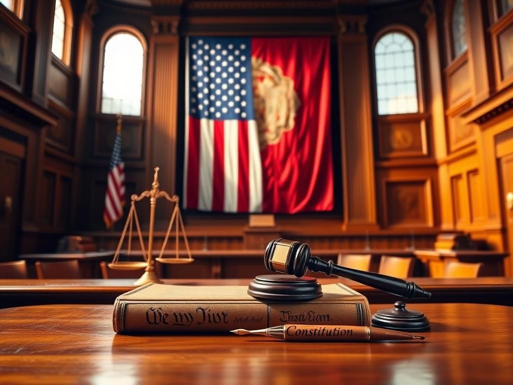 Flick International Grand American courtroom with symbols of law and justice including a gavel and scales of justice