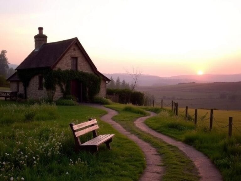 Flick International Serene English countryside scene at sunrise with a picturesque cottage and lush green fields