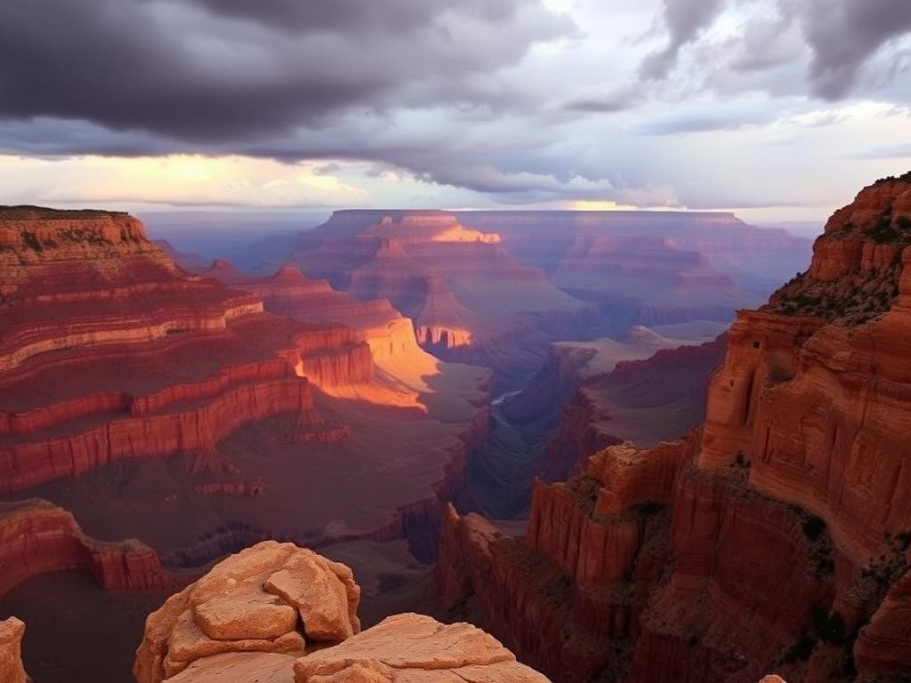 Flick International A dramatic view of the Grand Canyon with jagged cliff edges and colorful rock formations at sunset