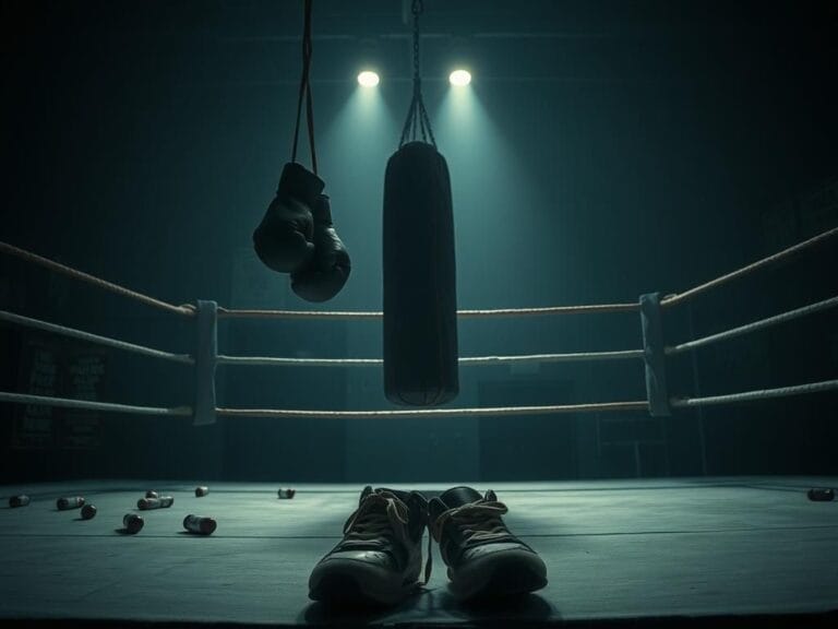 Flick International Abandoned boxing gloves and a shadowy punching bag in a dimly lit gym
