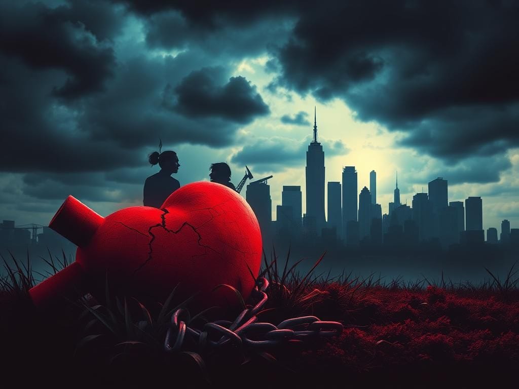 Flick International Dramatic composition of a city skyline under a dark sky with a cracked health symbol in the foreground