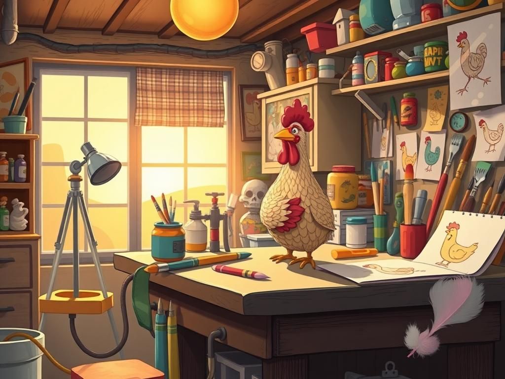 Flick International A whimsical and colorful scene of an elderly man's cluttered workshop filled with quirky gadgets and a prominent chicken figurine.