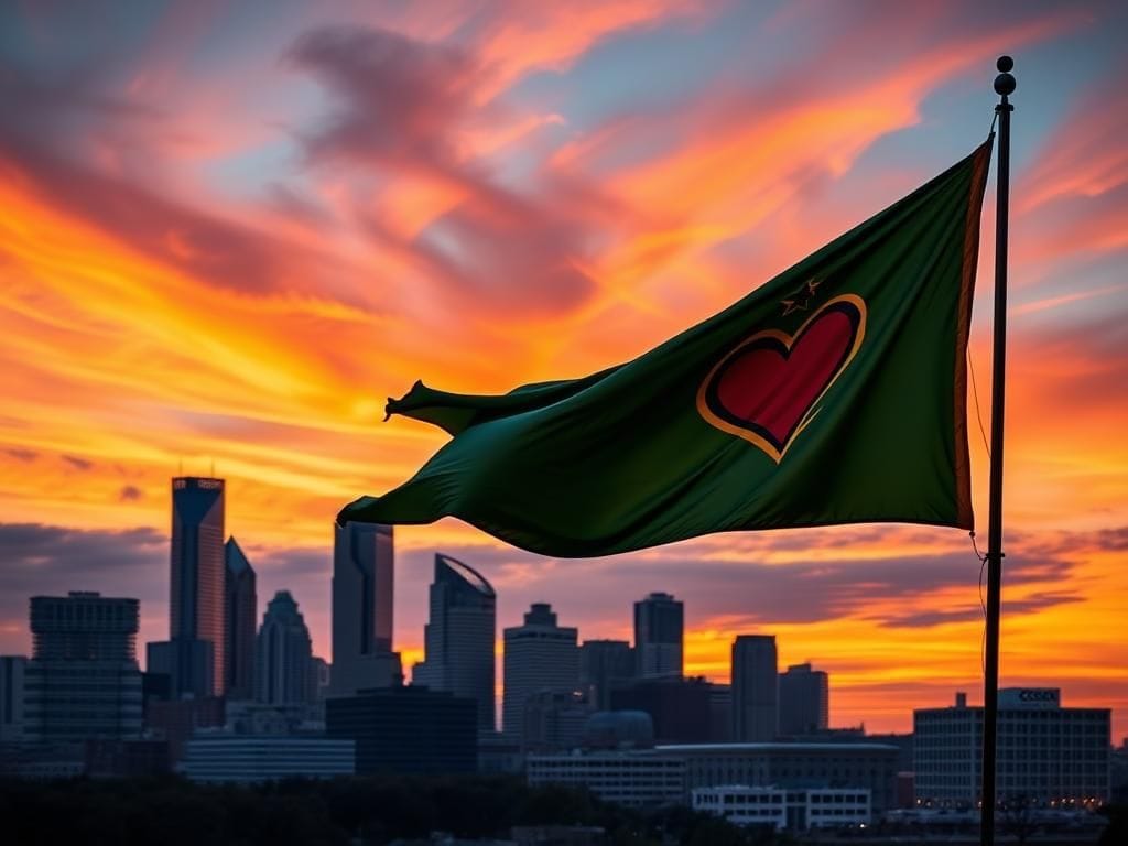 Flick International A dramatic skyline of Milwaukee at dusk with a colorful sunset and symbolic representations of unity